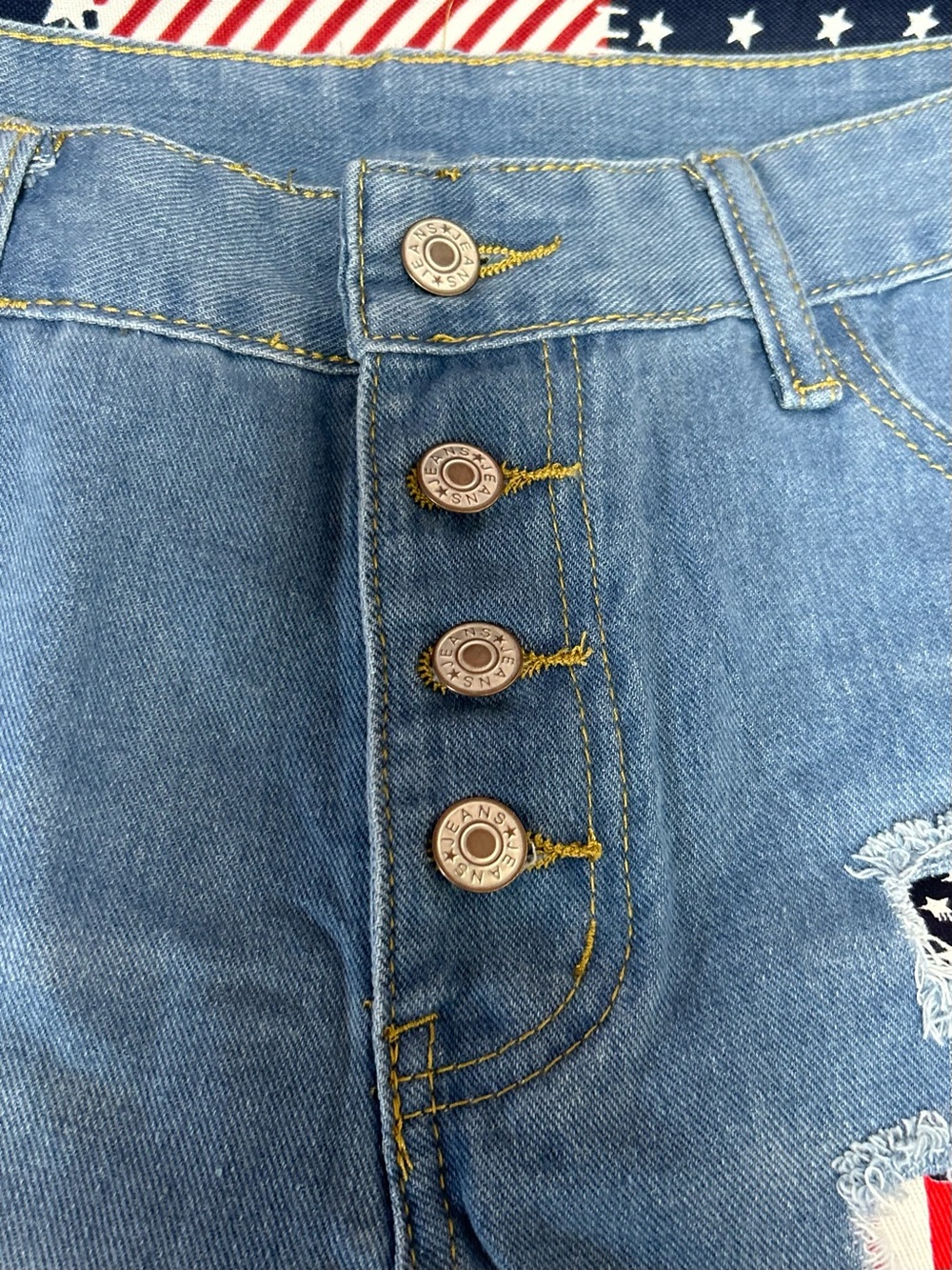 High-Rise Distressed Denim Jean Shorts with American Flag Patch - Blue - Picture 7 of 7
